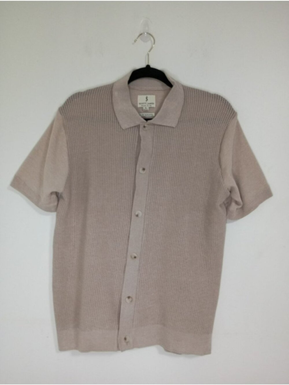 Scott James Men Beige Waffle Knit Button-Up Short-Sleeve Shirt L